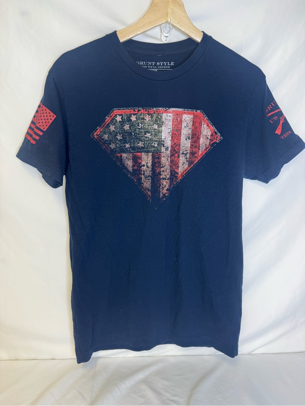 Grunt Style Navy Short Sleeve Tee with Distressed Red & White Shield Graphic